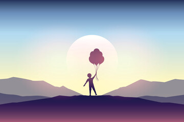 little boy with balloons silhouette at sunset childhood dreams vector illustration EPS10