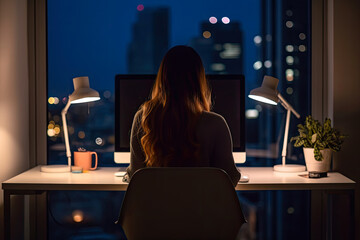 Woman alone working at home with her laptop. Remote work concept illustration. Generative AI