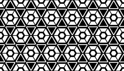 Seamless Geometric Hexagons and Triangles Pattern. Black and White Texture.