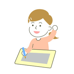 girl, raise my hand, put my hand up, flash, come to mind, idea, study, school, class, simple, simple substance, human, child, kid, illustration, vector