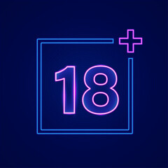 Glowing neon line Plus 18 movie icon isolated on black background.