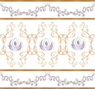 Hand-drawn watercolor seamless damask border. Floral motif. Can be used for textile, printing or other design. Floral pattern. Two options - on white and transparent background.
