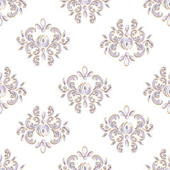 Hand-drawn watercolor illustration. Seamless damask pattern. Can be used for textile, printing or other design. Floral pattern. Two options - on white and transparent background.