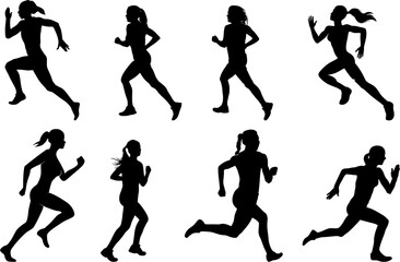 Set of silhouettes girl and woman athletes. Female fitness symbol icons. Walk and running symbols for gyms and fitness products marketing and packing printing design.