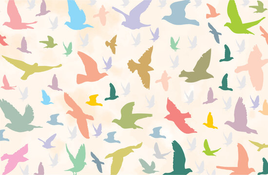  Different flying birds in soft colors scattered on cream background. Editable vector,Fabric design, high resolution image. Easy to change color. eps 10.