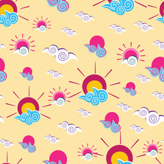 Sun and sea vector repeat pattern on yellow background