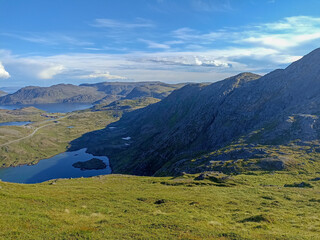 Fototapeta premium The scenery of nature of Mageroya Island and Risfjorden from Rishamntind Mountain, Finnmark, Norway