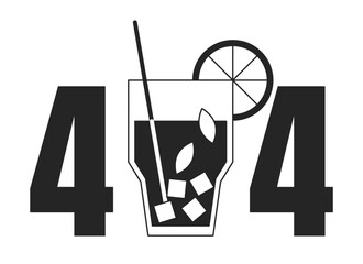 Cocktail summer drink black white error 404 flash message. Frozen mint mojito with straw. Monochrome empty state ui design. Page not found popup cartoon image. Vector flat outline illustration concept