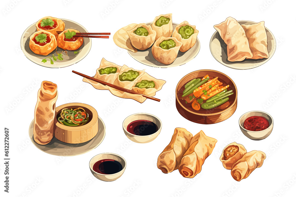 Aufkleber spring roll, wonton soup,sweet sour pork. Flat Generative AI