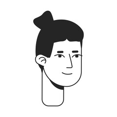 Smiling asian man with bun monochrome flat linear character head. Bun hairstyle. Hipster. Editable outline hand drawn human face icon. 2D cartoon spot vector avatar illustration for animation