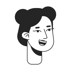 Excited asian girl with two buns hairstyle monochrome flat linear character head. Cute girl. Editable outline hand drawn human face icon. 2D cartoon spot vector avatar illustration for animation