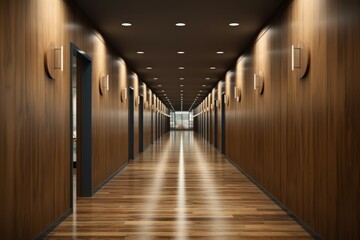 Fototapeta na wymiar Large office corridor wooden wall. Generate Ai