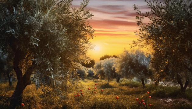 Recreation artistic of olive grove with olives trees with olves hanging in branch at sunset. Illustration AI