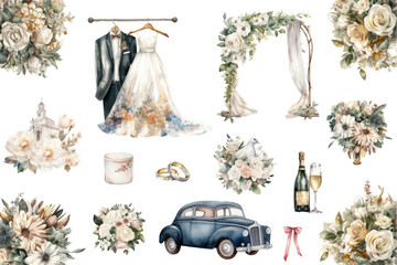 Set of wedding elements. Wedding clipart for save the date invitation card, stickers and print.