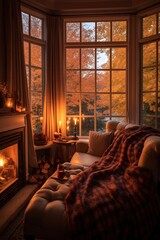 A cozy living room with a roaring fireplace, warm blankets, and a window view of a tranquil autumn scene