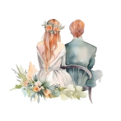 Watercolor illustration of newlyweds bride and groom sitting at the wedding ceremony back view. - obrazy, fototapety, plakaty