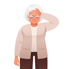Elderly woman in glasses holds her forehead in sadness. Old grey-haired grandmother has a headache.