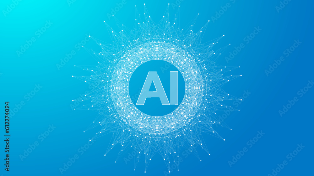 Poster Artificial Intelligence Logo Plexus effect. Future Tech Logo AI. Artificial Intelligence and Machine Learning Concept. Vector symbol AI. Neural networks and another modern technologies concepts