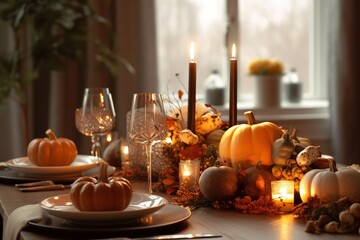 A festive autumn dinner table setting with pumpkins, candles, and fall foliage, ready for a Thanksgiving feast