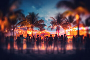 Party beach. Blurred people having night beach party in summer  - obrazy, fototapety, plakaty