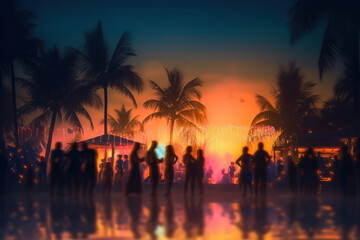 Fototapeta na wymiar Party beach. Blurred people having night beach party in summer 