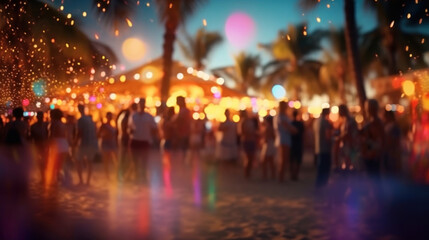Party beach. Blurred people having night beach party in summer 