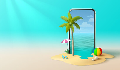 Summer time banner phone, season party bar app, tropical fruity. Vector illustration