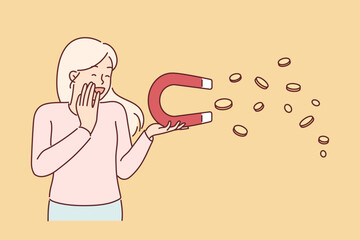 Woman with magnet that attracts money is surprised and rejoices at easy profits and simple earnings