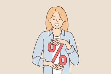 Obraz premium Woman with percent sign symbolizing discounts for shopping or big cashback after purchase