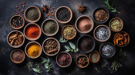 Fototapeta na wymiar A collection of different spices and herbs, arranged in small bowls
