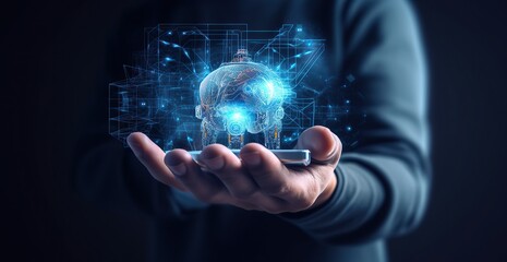 A businessman holds a mobile phone in his hand and projects an artificial intelligence design, global data technology science, e-commerce technology background