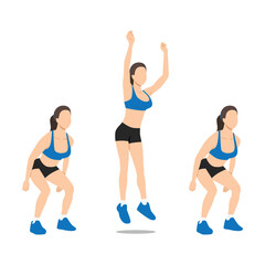 Woman doing side to side jump squat exercise. Flat vector illustration isolated on white background