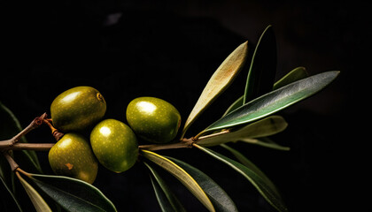 Obraz na płótnie Canvas Still life of green olives in branch with small leaves with black background. Illustration AI