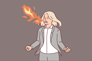 Angry business woman with fiery breath symbolizes dispathic way of managing in company