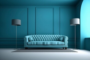 illustration, monochrome blue space with sofa, ai generative