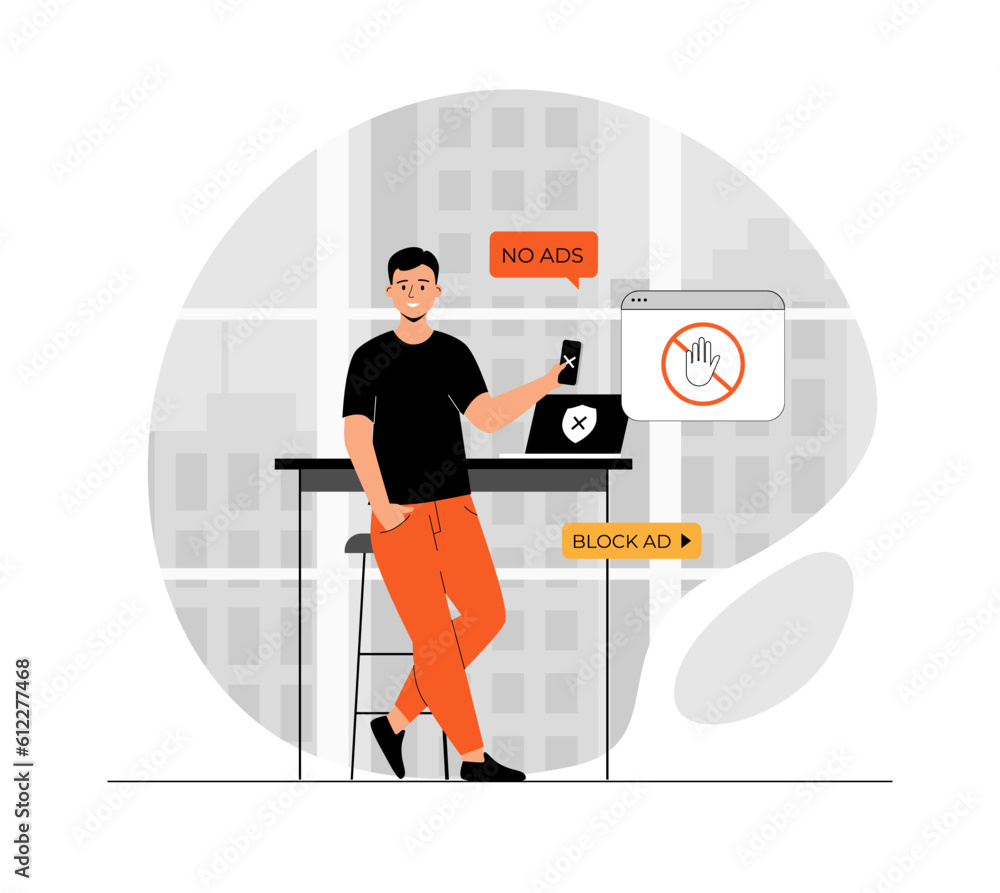Aufkleber ad blocking software concept. removing online advertising, ad filtering tools, internet browser exte