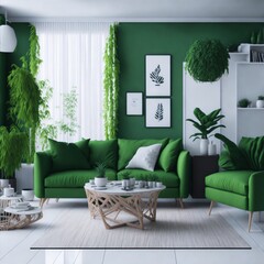 Modern green living room with sofa and chairs