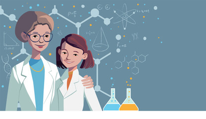 Happy scientist woman and girl celebrating their day