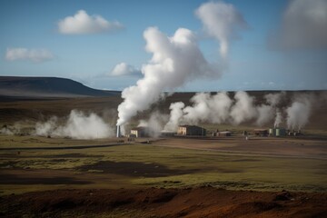 Icelandic landscape with smoking chimneys and geothermal power station, The geothermal energy making industry producing, AI Generated