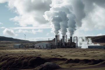 Fototapeta premium Industrial landscape with chimneys of a power plant in Iceland. The geothermal energy making industry producing, AI Generated