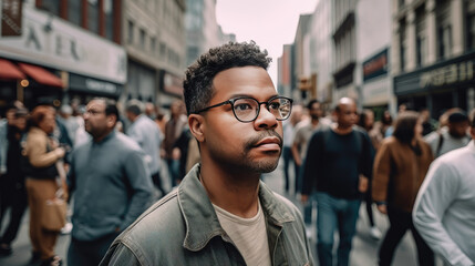 African man with glasses standing on busy city street (Generative AI)