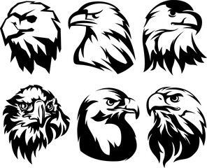 Hand drawn eagle head emblem set. Mascot bird collection. Predator illustration isolated on white.