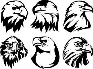 Hand drawn eagle head emblem set. Mascot bird collection. Predator  illustration isolated on white.