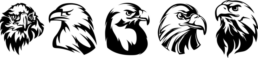 Hand drawn eagle head emblem set. Mascot bird collection. Predator  illustration isolated on white.