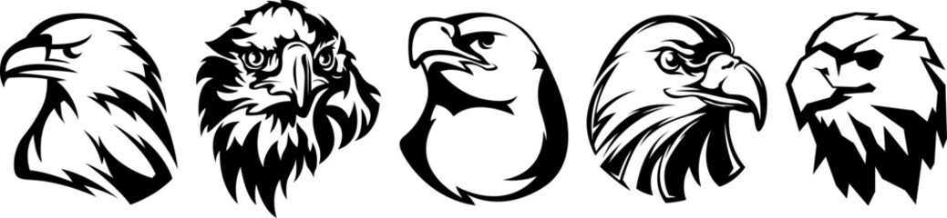 Hand drawn eagle head emblem set. Mascot bird collection. Predator logo illustration isolated on white.