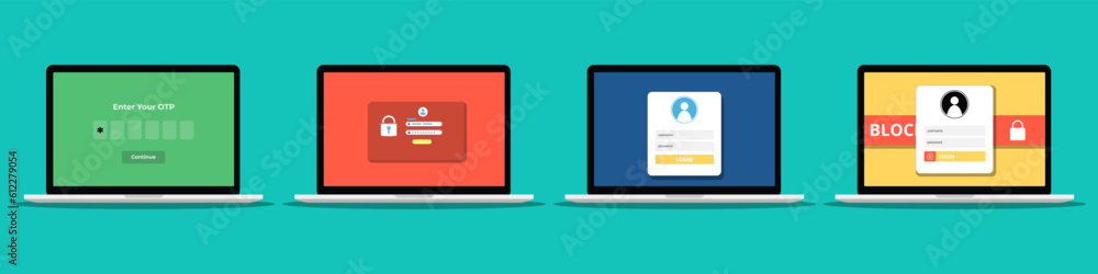 Poster login website in laptop screen collection. laptop with login site in a flat design