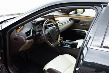 Car interior luxury. Interior of prestige modern car. Leather comfortable seats, dashboard and...