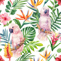 Seamless tropical pattern with cockatoo birds, palm leaves and flowers. watercolor painting illustration. © Hanna