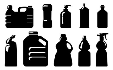 Fototapeta premium Set of black bottle household. Black household bottle icon collection