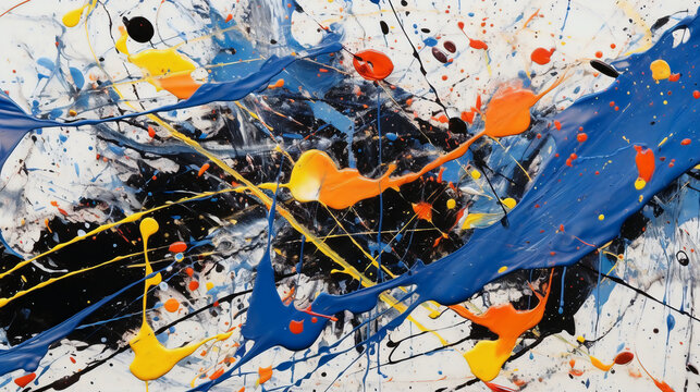 Abstract painting of a blue, red, yellow, orange painting, in the style of chaotic energy, incisioni series, black paintings,  energetic, dynamic compositions, 